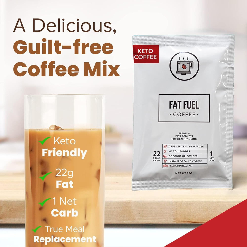 The Fat Fuel Company taza con café cremoso resaltando sabor y saciedad