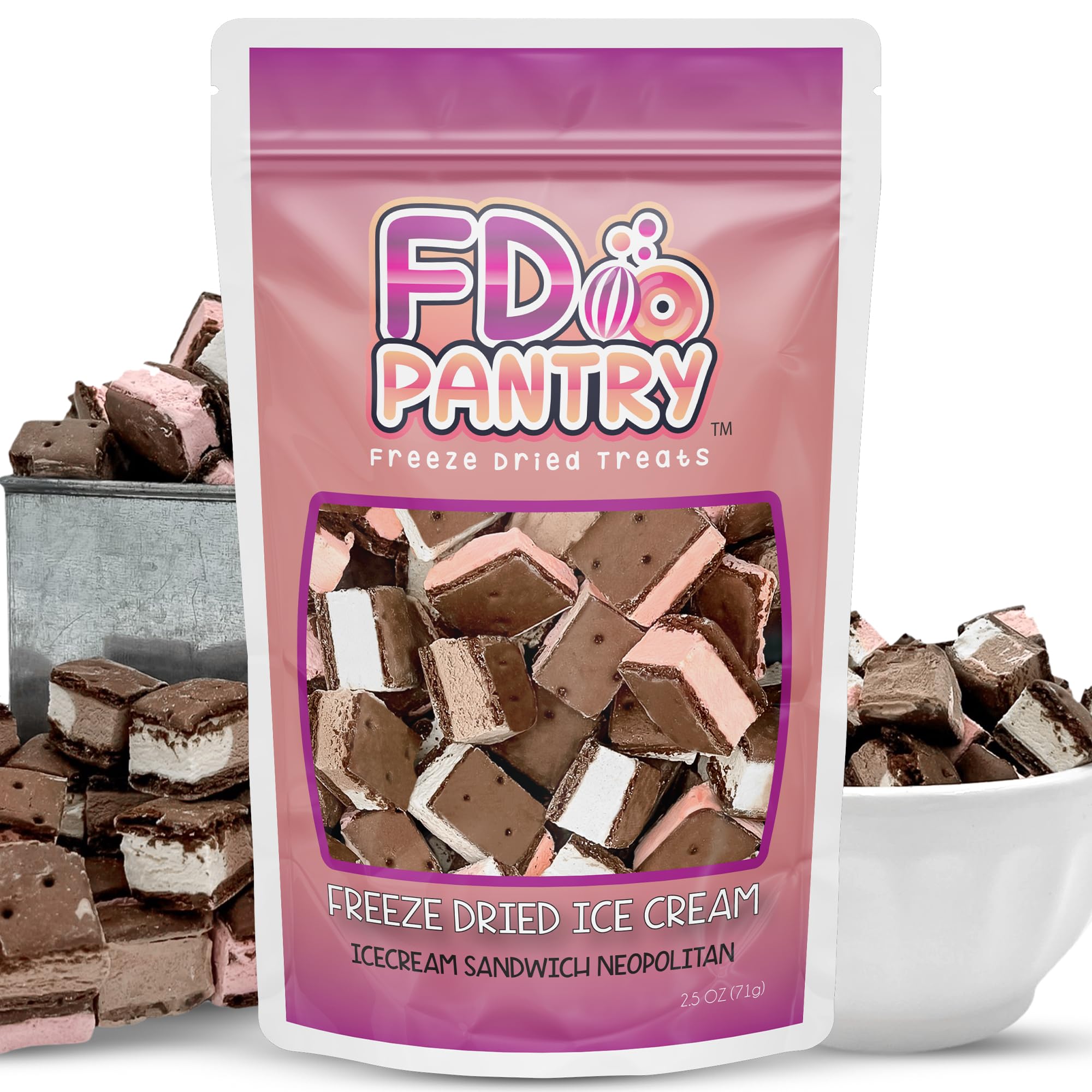 FD Pantry empaque frontal mostrando bocados Neapolitan, ideal para llevar