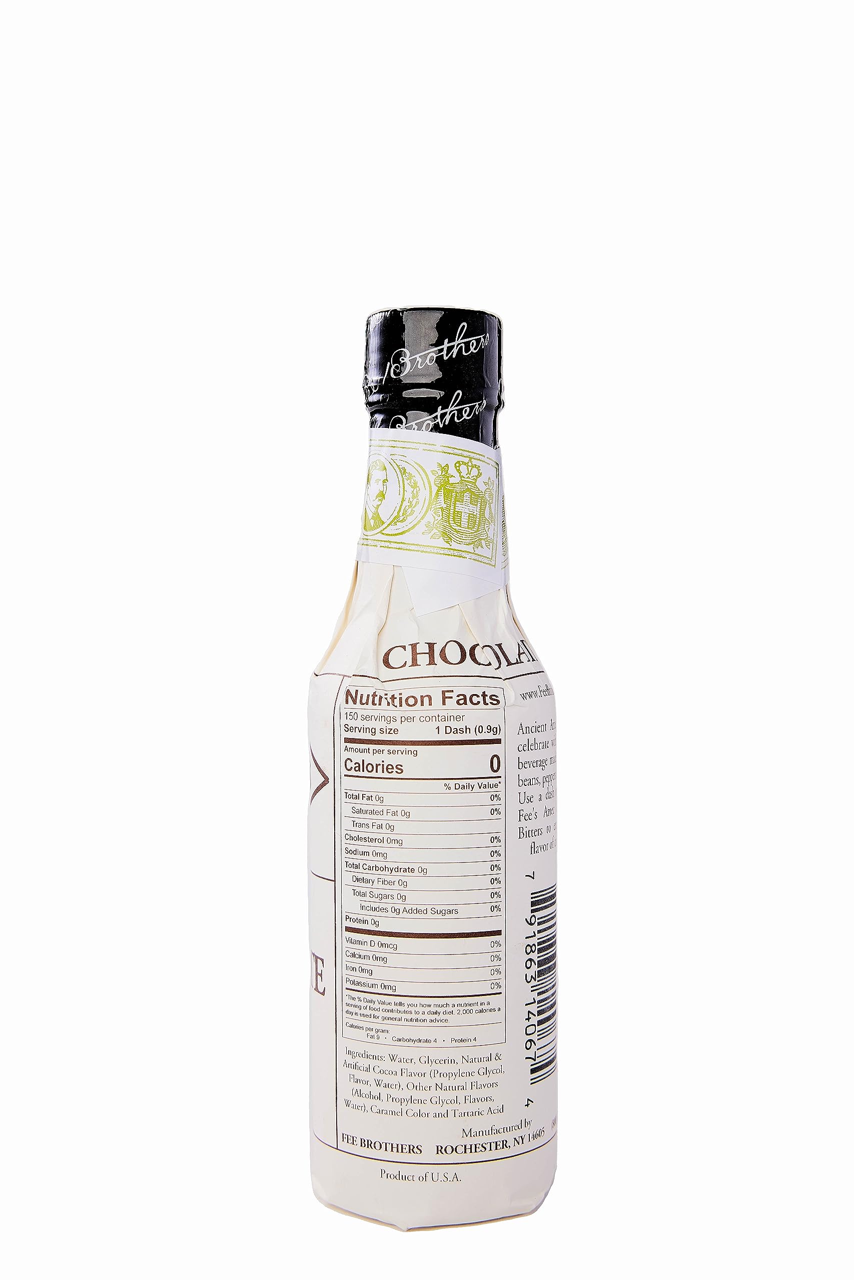 Detalle de la etiqueta y gotero Fee Brothers Aztec Chocolate, resalta calidad y control de dosificación