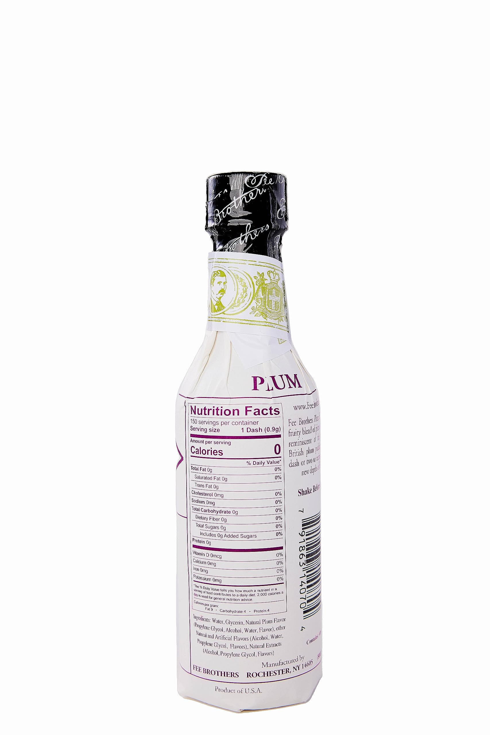 Fee Brothers primer plano de etiqueta que destaca el sabor a ciruela y ingredientes