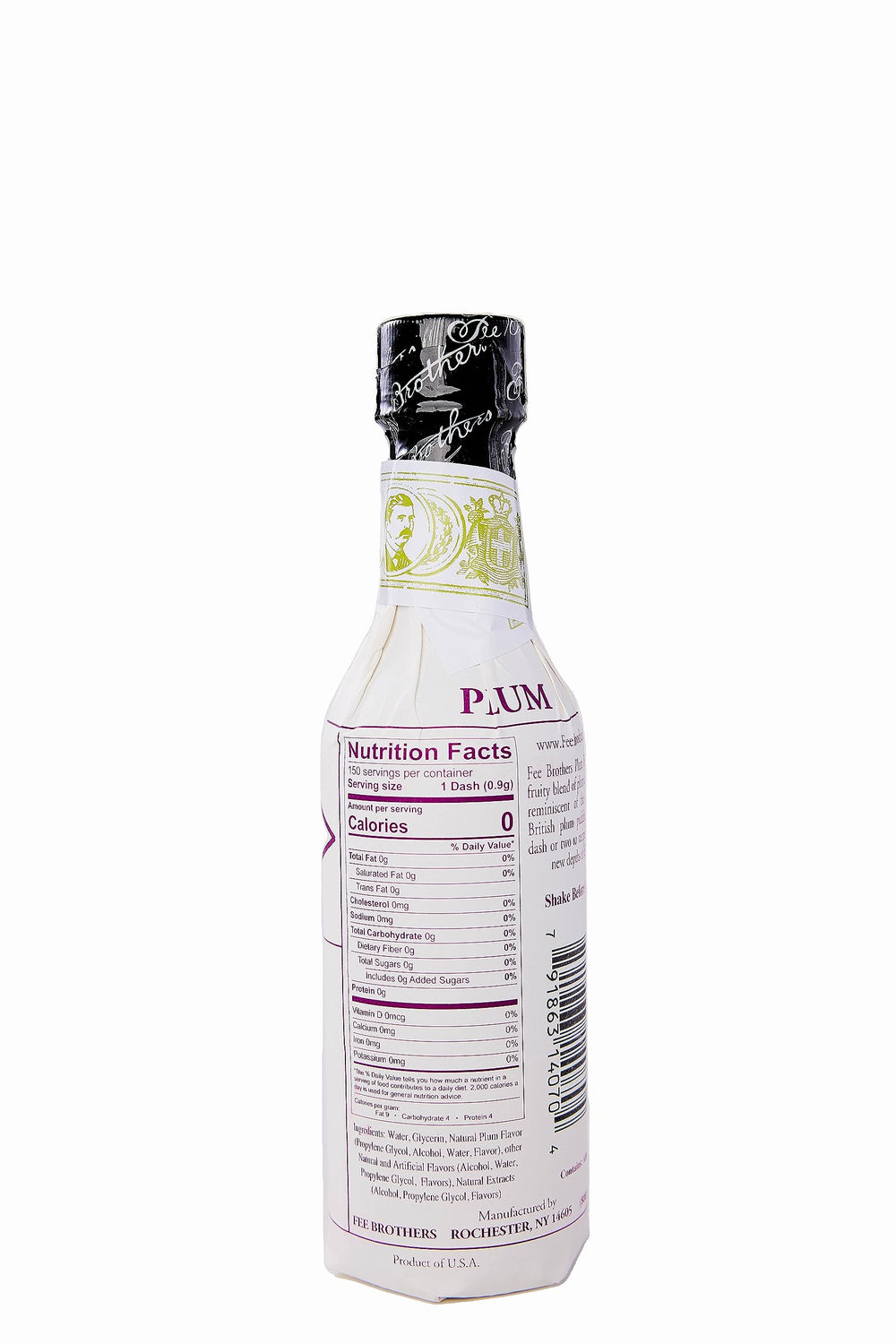 Fee Brothers primer plano de etiqueta que destaca el sabor a ciruela y ingredientes