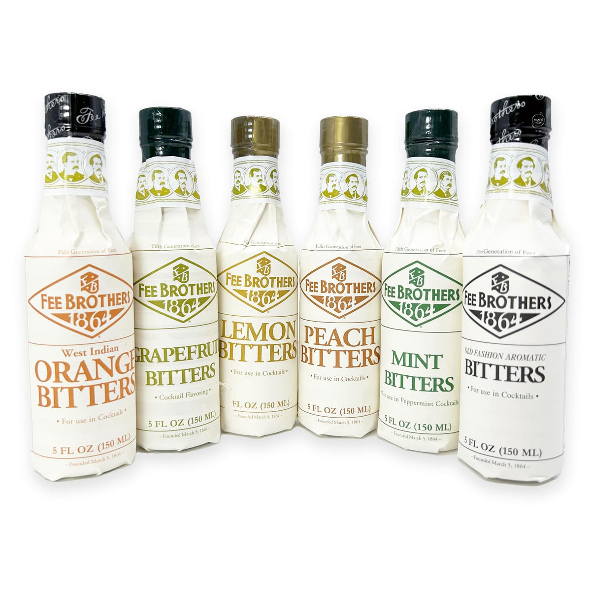 Fee Brothers set frontal mostrando las seis botellas, facilita elección y combinación rápida