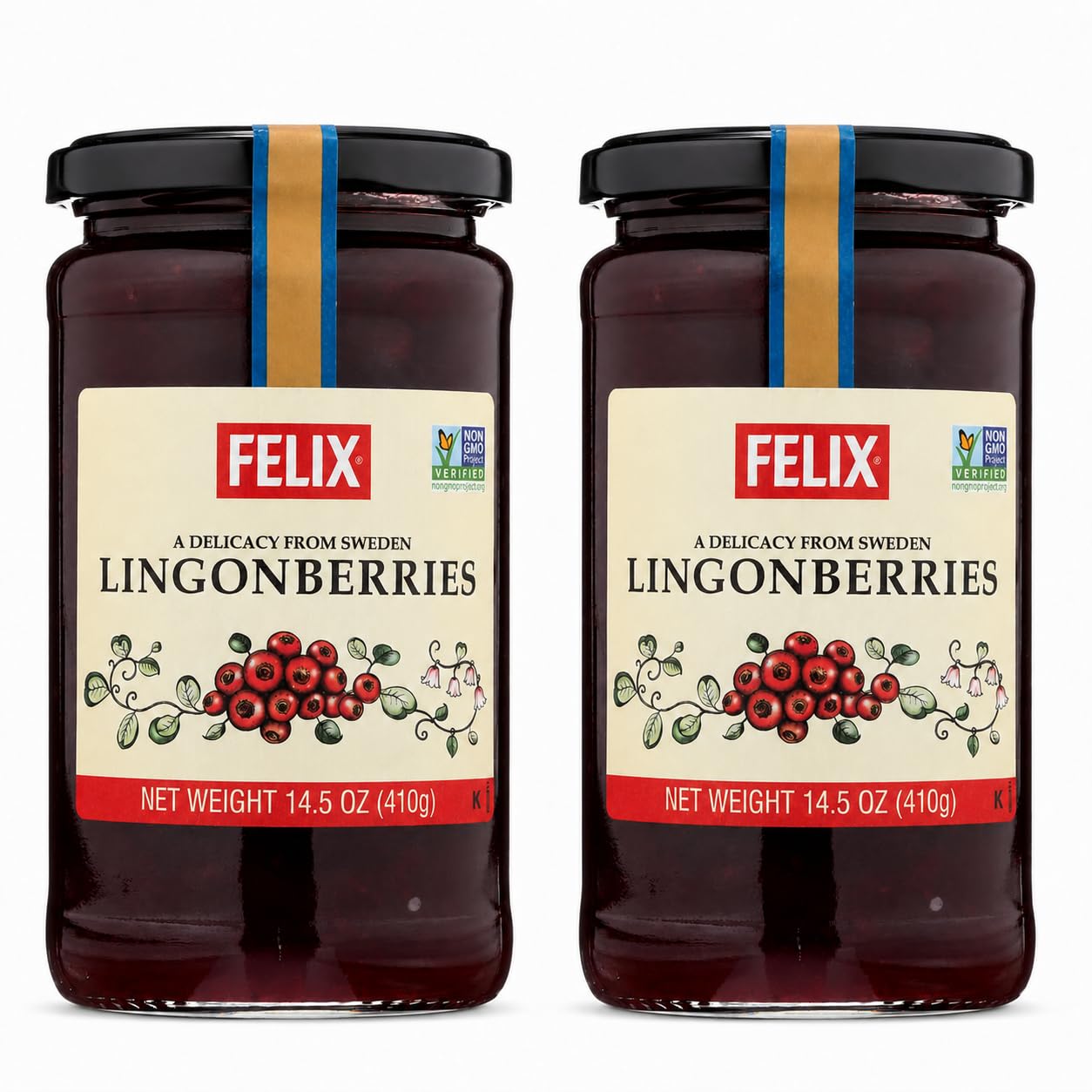 Felix frasco frontal con mermelada lingonberry, presentación auténtica y clara