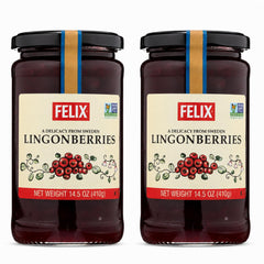 Felix frasco frontal con mermelada lingonberry, presentación auténtica y clara