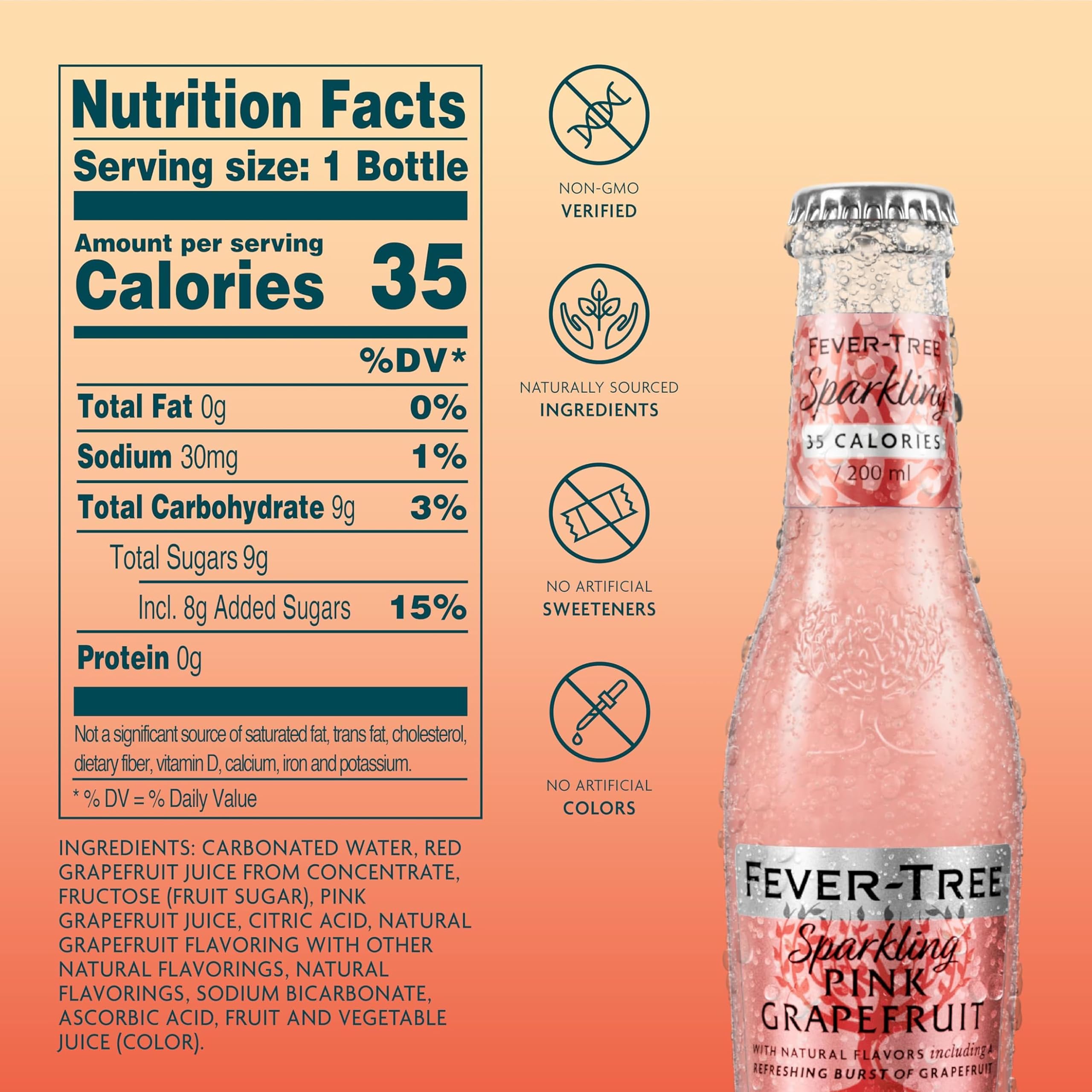 Fever-Tree botella cerca que destaca burbujas y textura fresca
