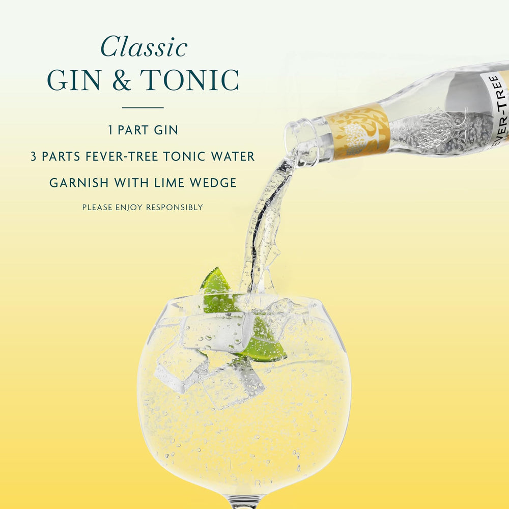 Fever-Tree paquete comparado con mano para ver tamaño de botella
