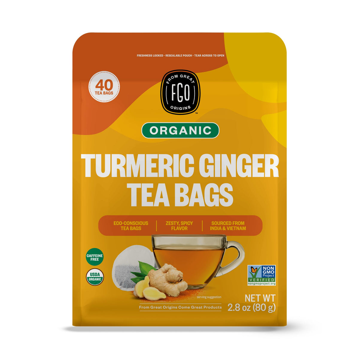 FGO caja frontal del té de cúrcuma y jengibre mostrando diseño y cantidad