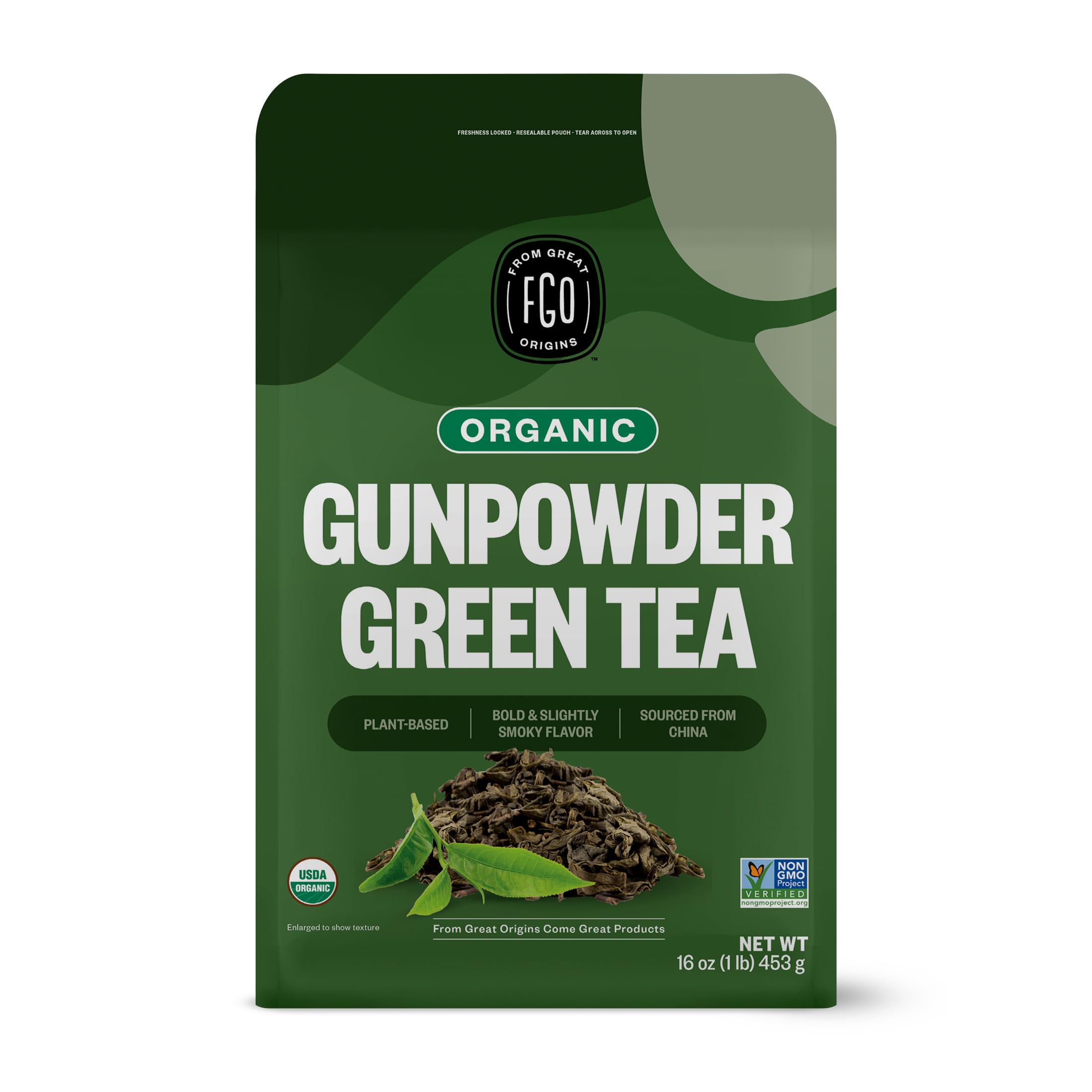 FGO empaque frontal del té gunpowder mostrando cantidad y sello orgánico, conserva frescura