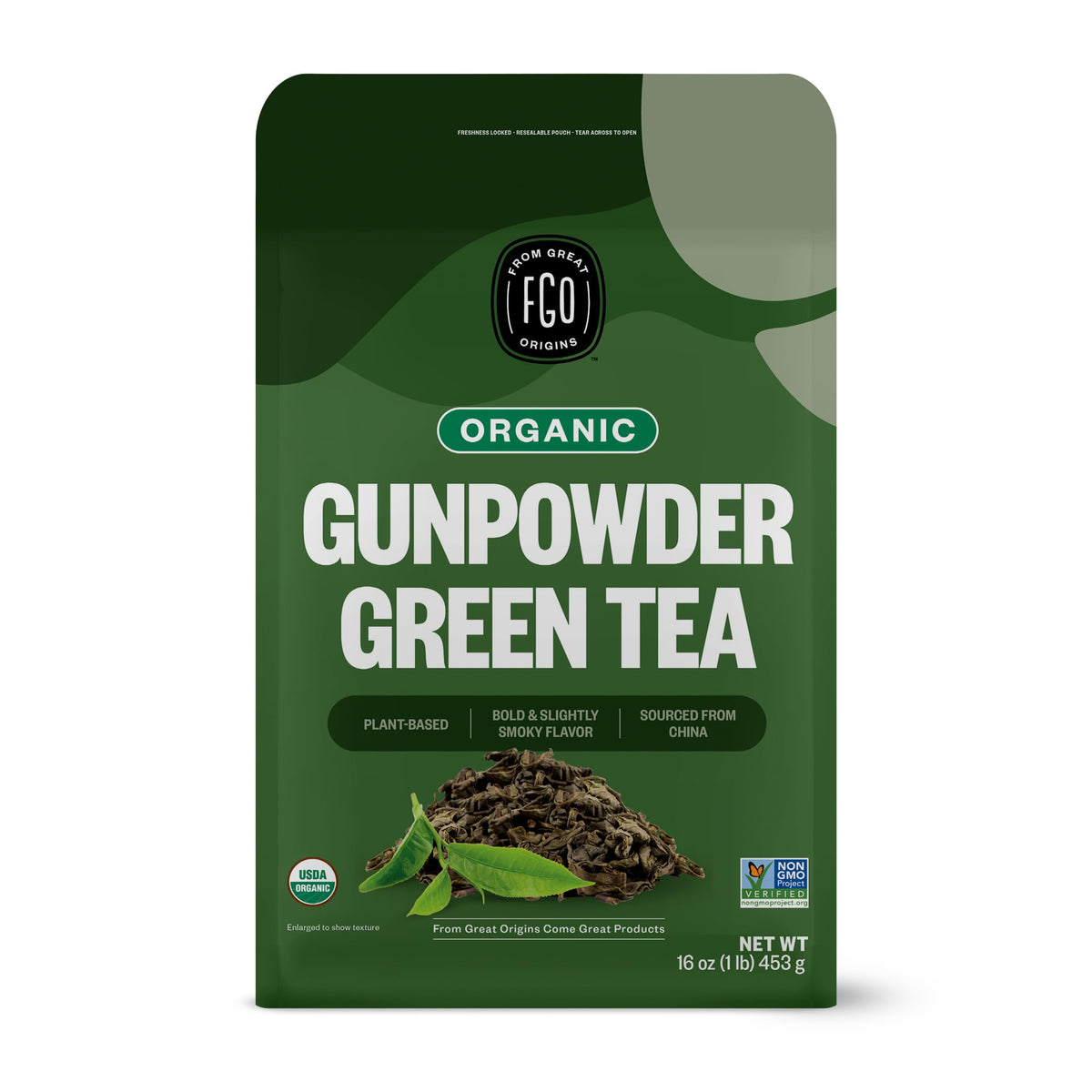FGO empaque frontal del té gunpowder mostrando cantidad y sello orgánico, conserva frescura