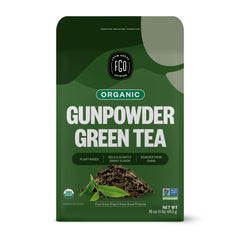 FGO empaque frontal del té gunpowder mostrando cantidad y sello orgánico, conserva frescura