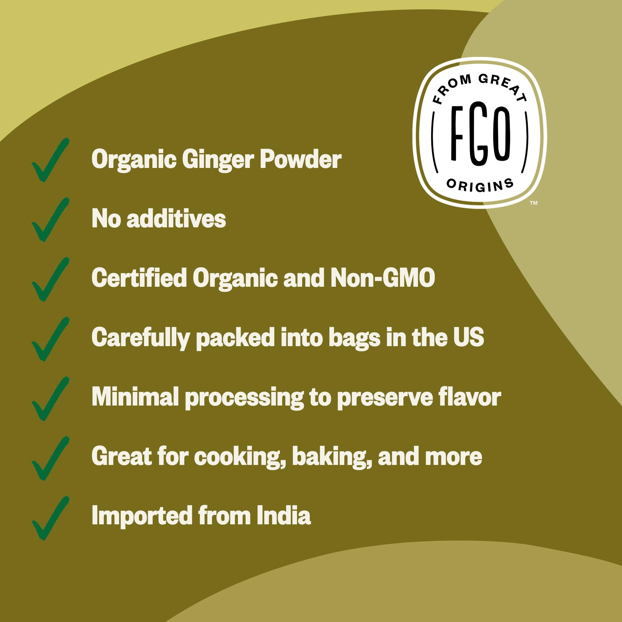 FGO jengibre en polvo etiqueta con sello USDA Organic que certifica origen orgánico