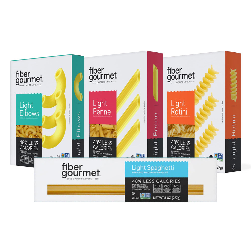 Fiber Gourmet pack variado frontal mostrando las cuatro formas y beneficio de baja calorías