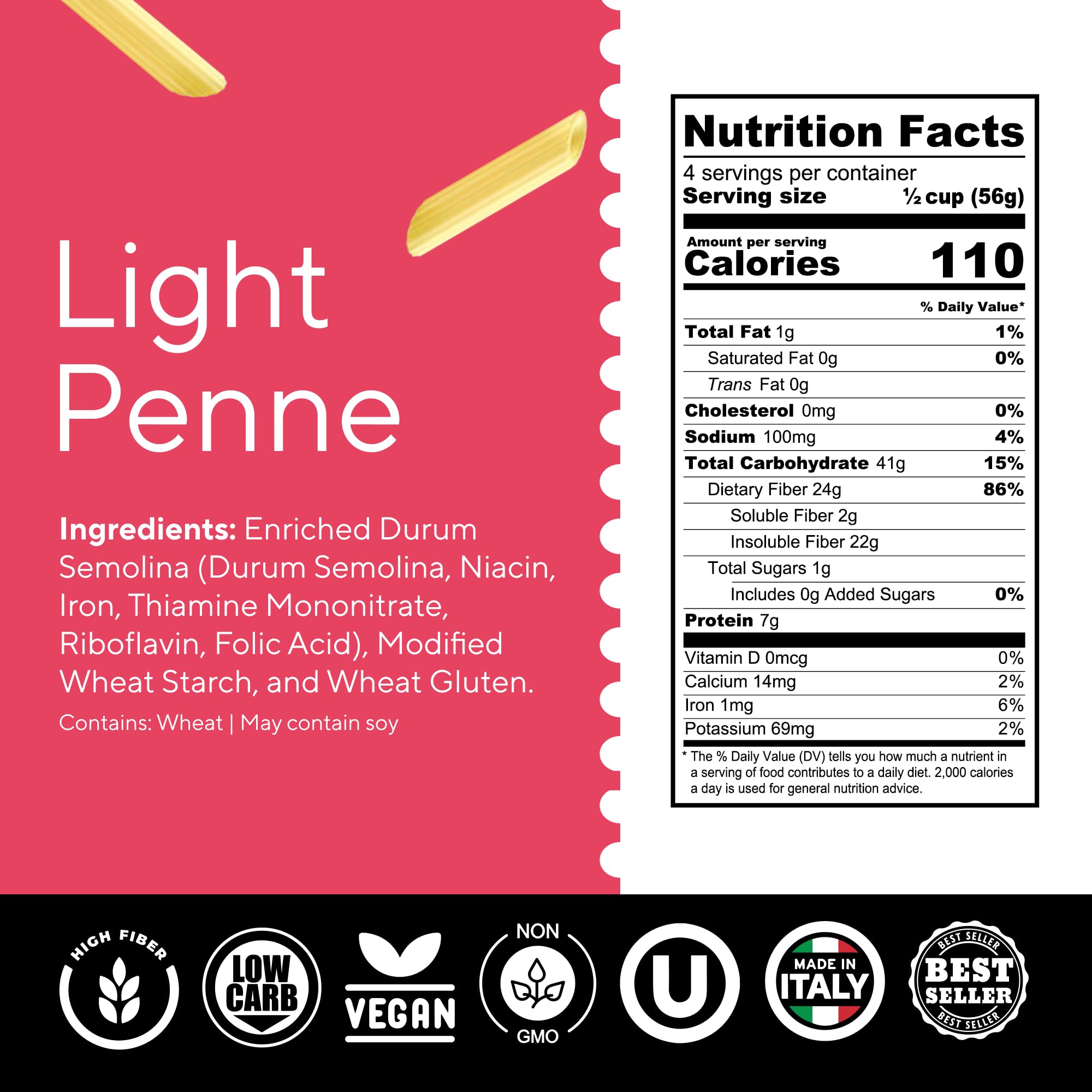 Fiber Gourmet primer plano de textura de penne que conserva firmeza