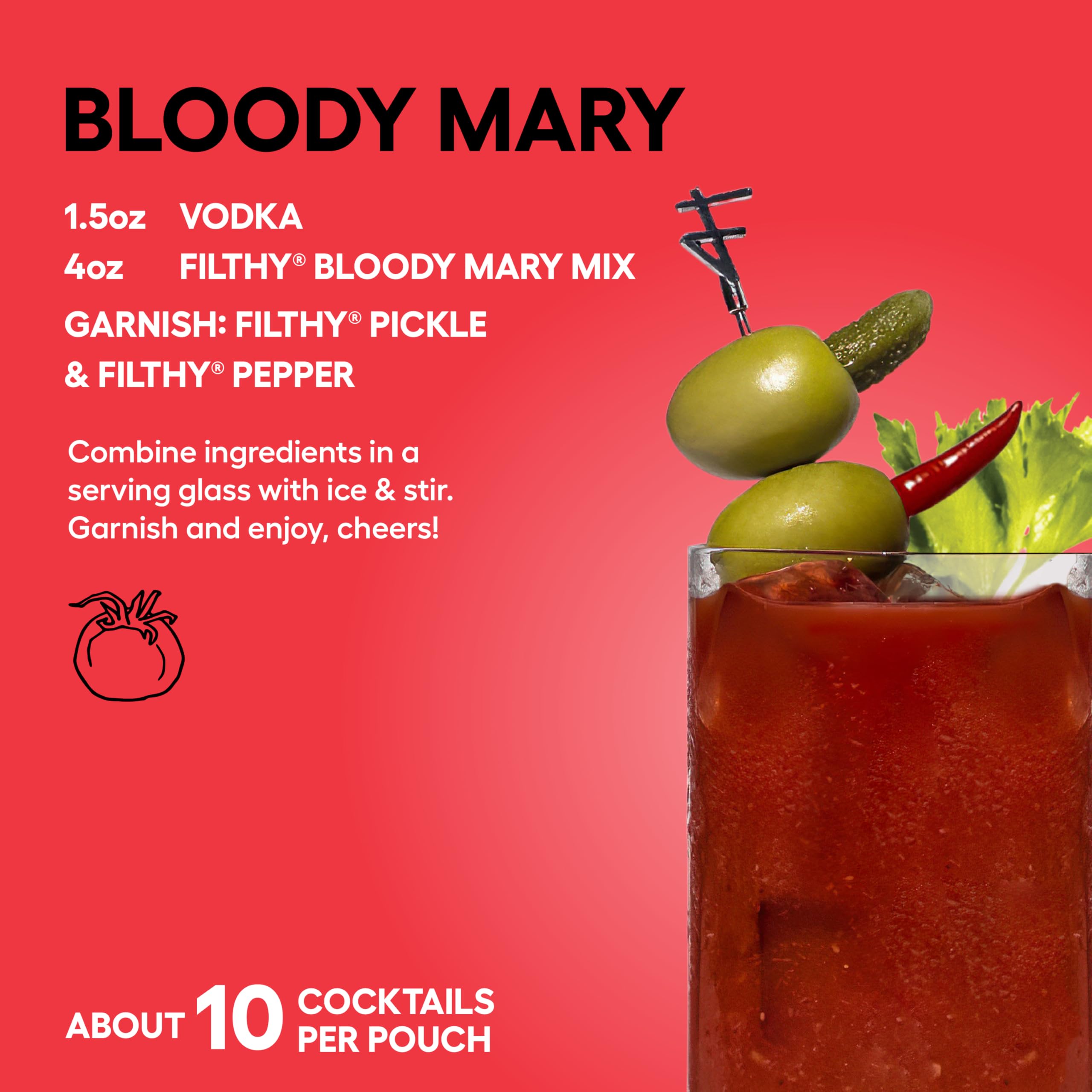 Filthy Food Bloody Mary servido con guarnición, destaca presentación y sabor