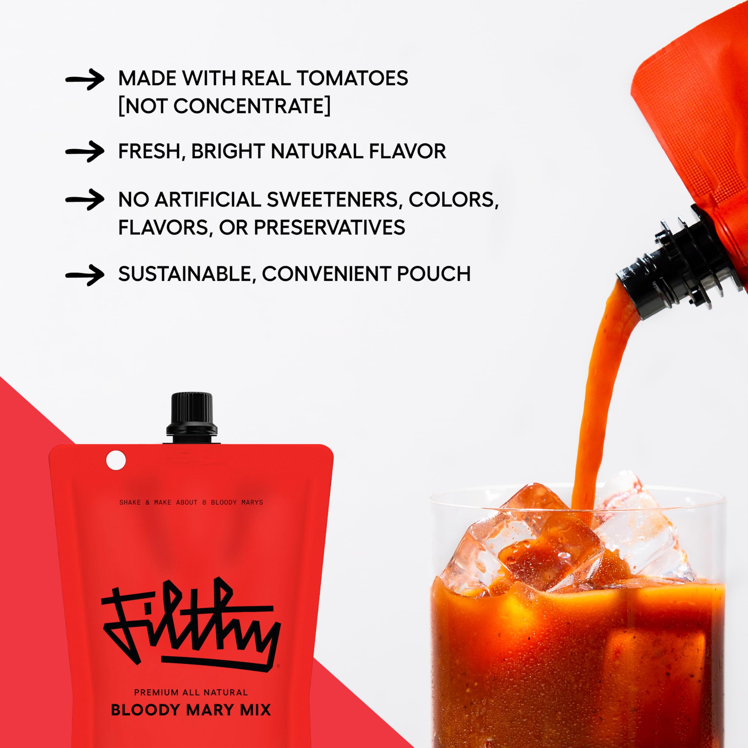 Filthy Food vertiendo mezcla en vaso con hielo, facilita cócteles rápidos