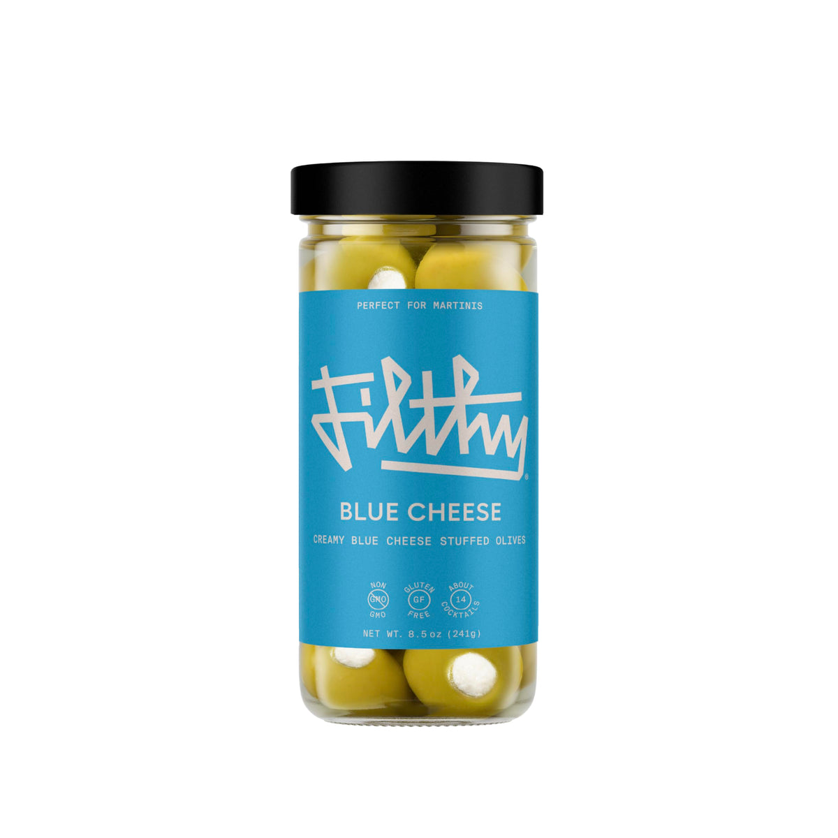 Filthy Food frasco frontal de aceitunas rellenas, presentación lista para cócteles