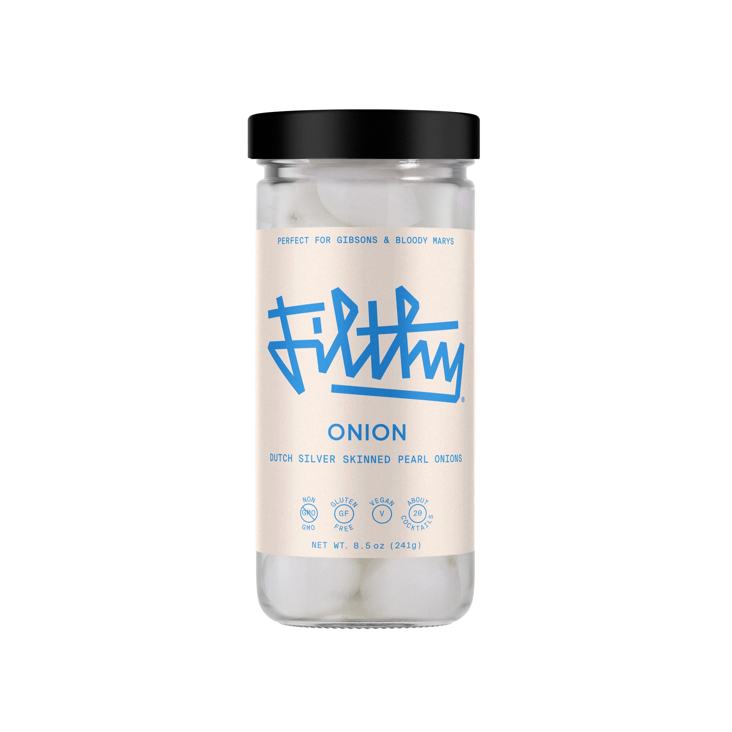Filthy Food frasco delantero mostrando cebollitas brillantes y lista para usar