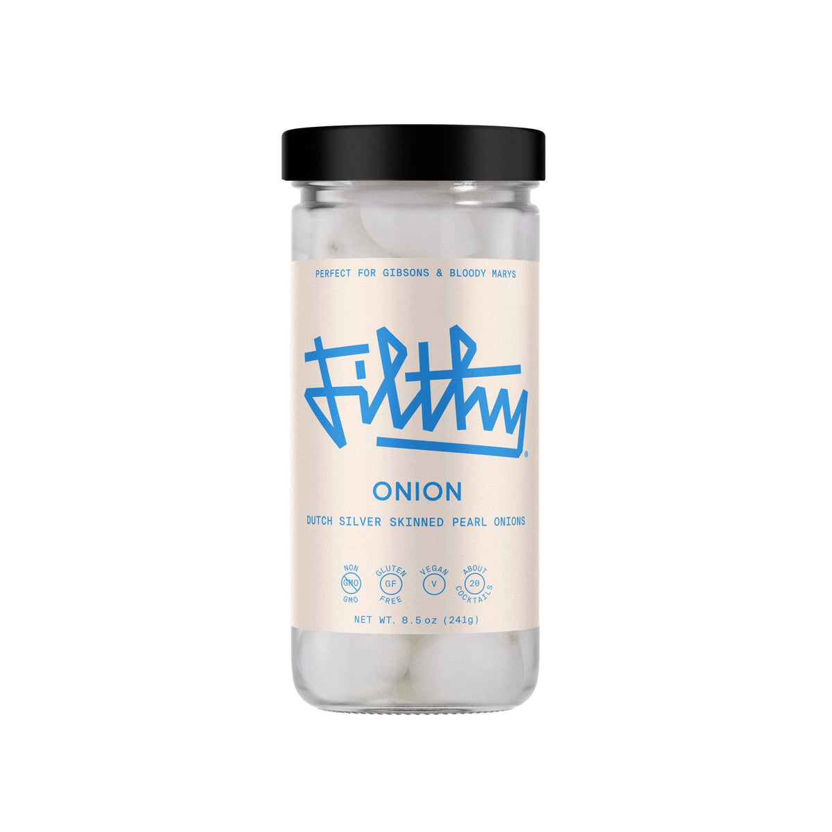 Filthy Food frasco delantero mostrando cebollitas brillantes y lista para usar