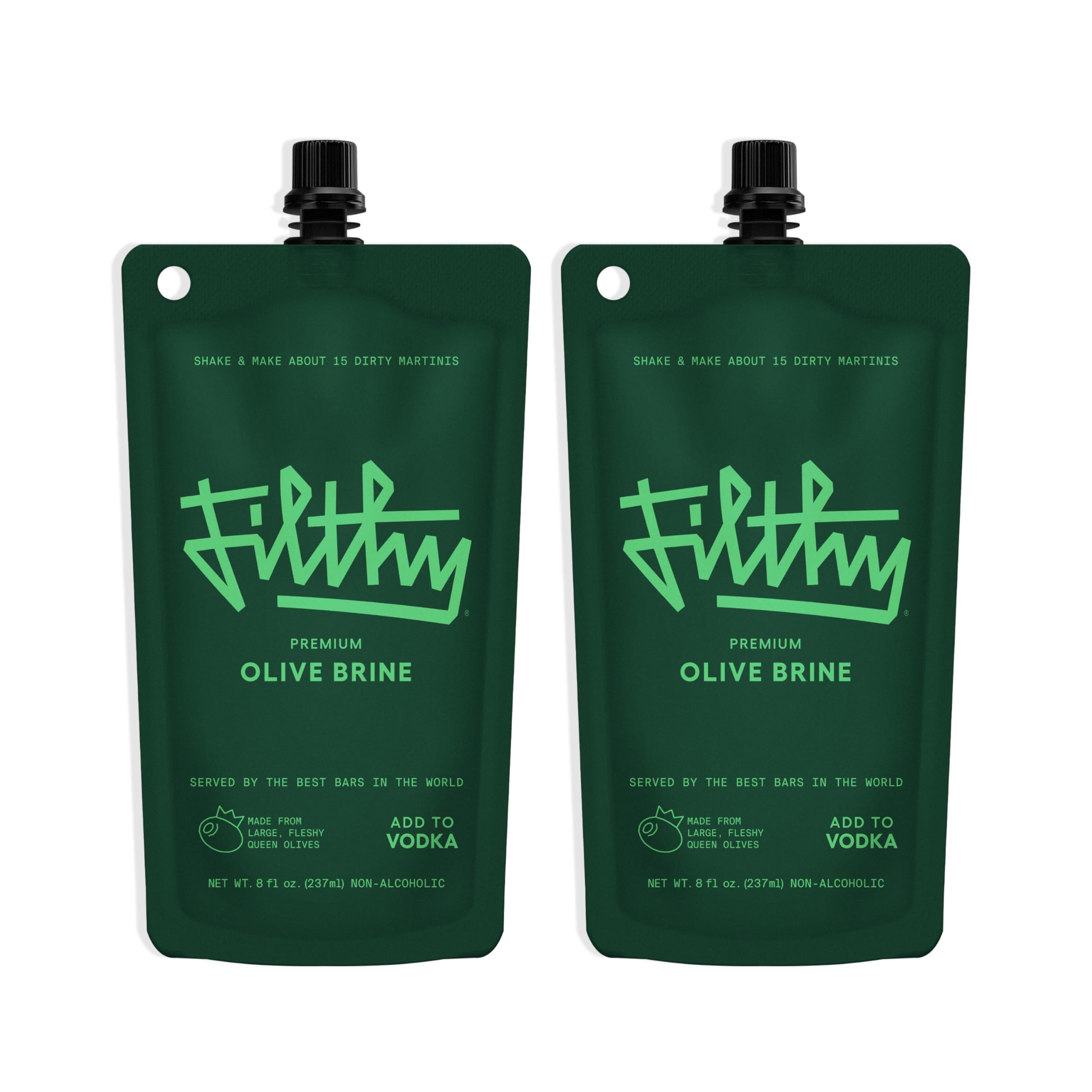 Filthy Olive Brine frontal del envase mostrando diseño y beneficio práctico