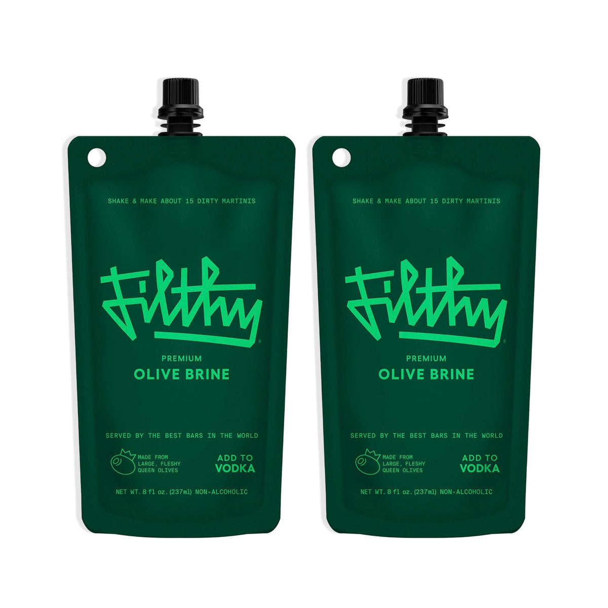 Filthy Olive Brine frontal del envase mostrando diseño y beneficio práctico