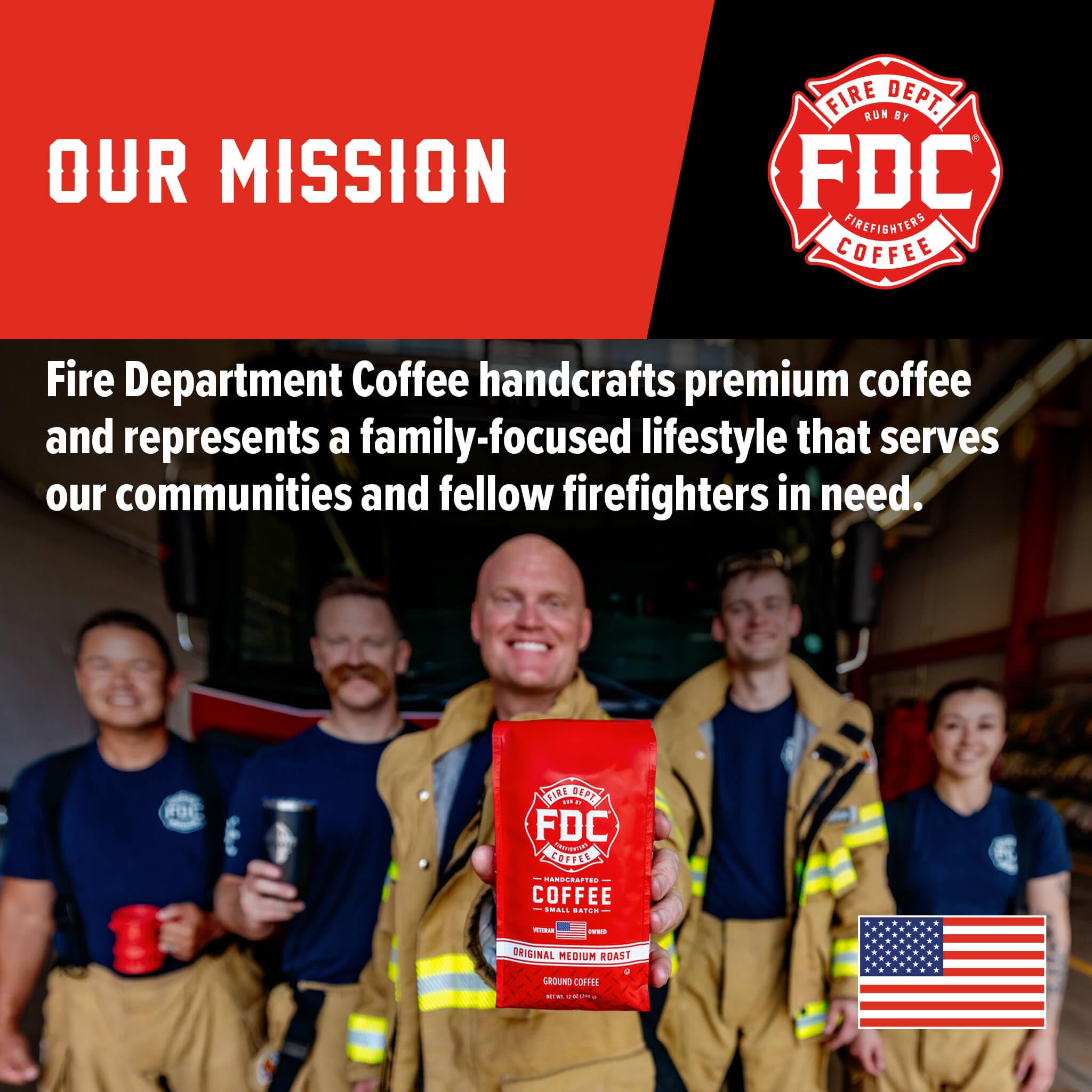 Fire Department Coffee detalle de la etiqueta mostrando origen y compromiso social
