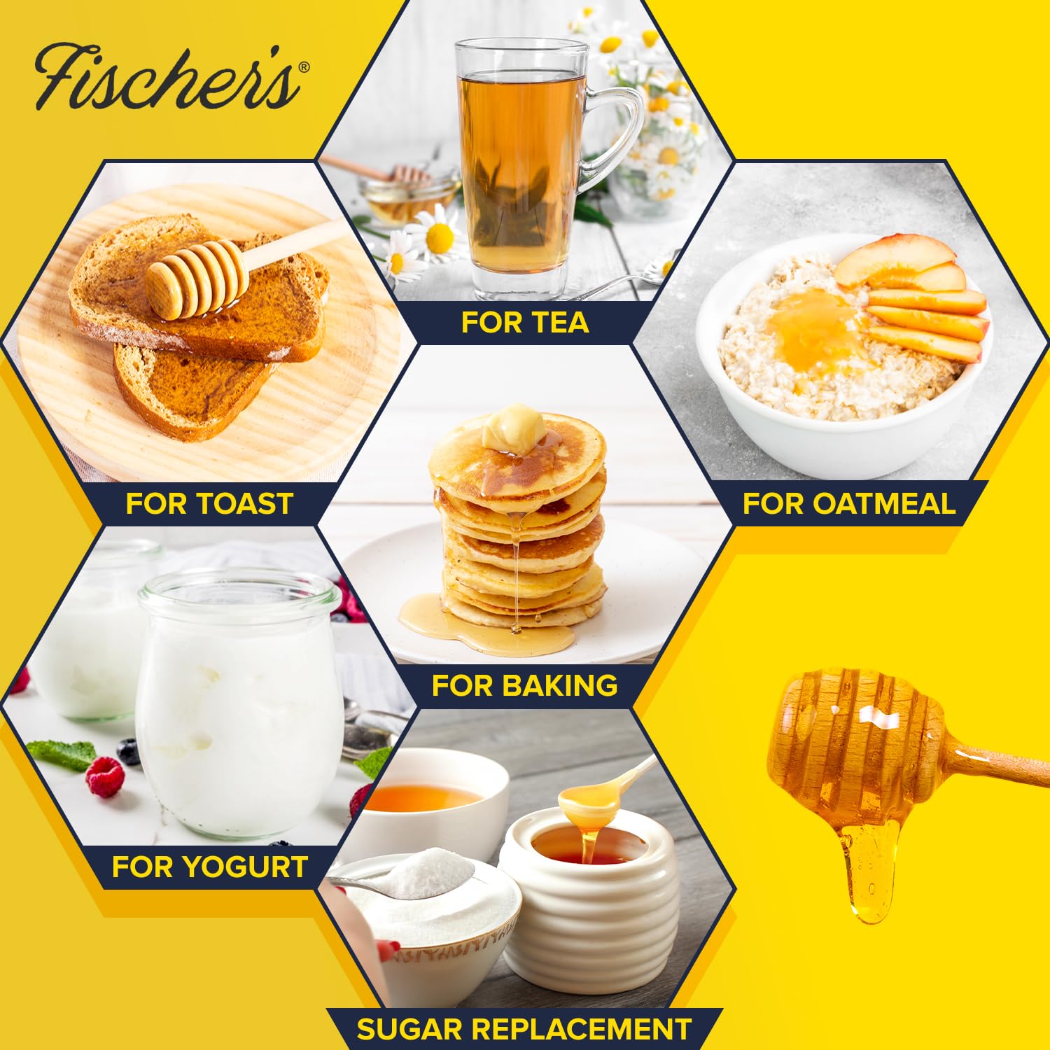 Fischer's tarro de miel en cocina con ingredientes para uso culinario versátil