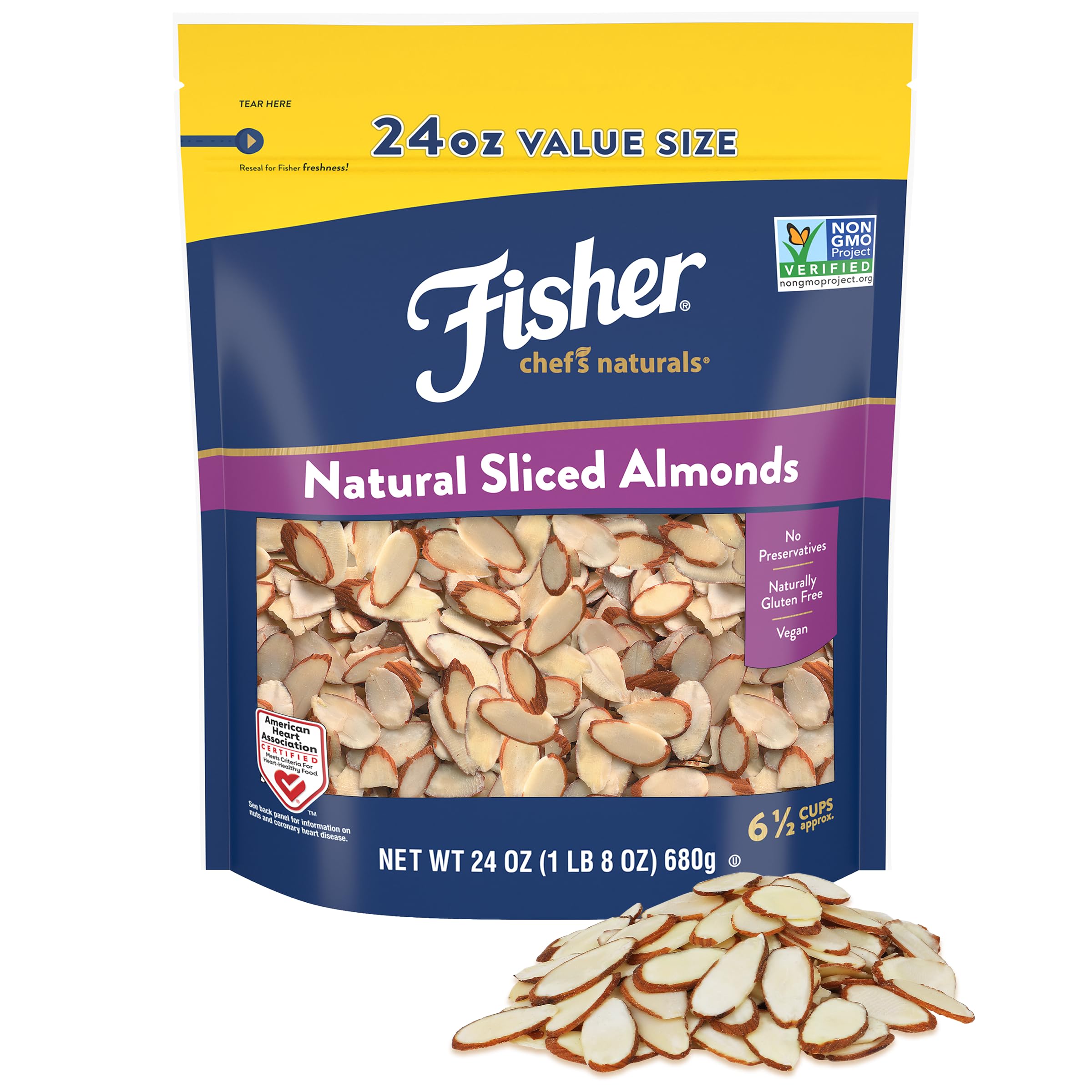 Fisher CHEF'S NATURALS frente del empaque muestra bolsa resellable y beneficio de conservación