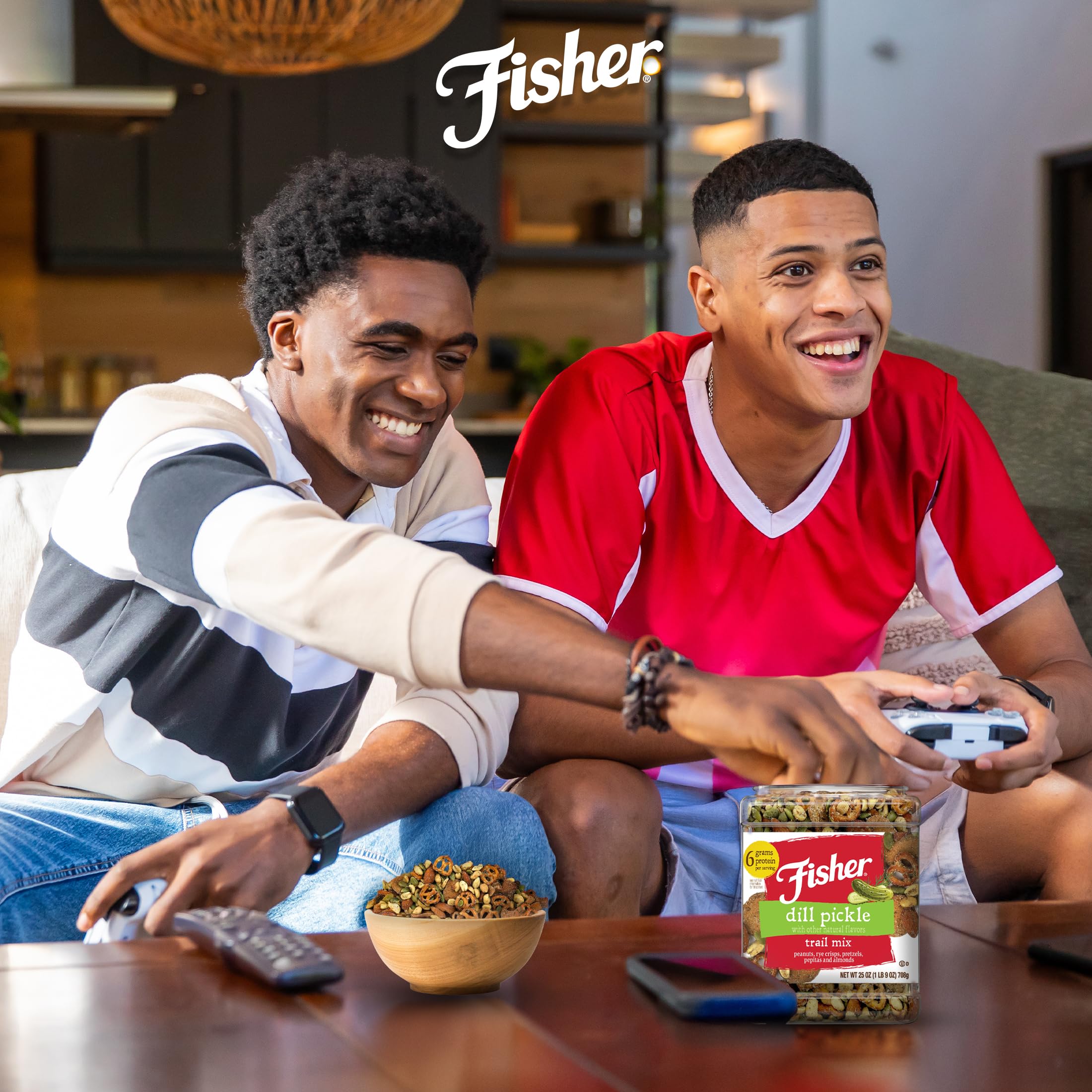 Fisher bowl en mesa de fiesta con mezcla, ideal para reuniones y snacks