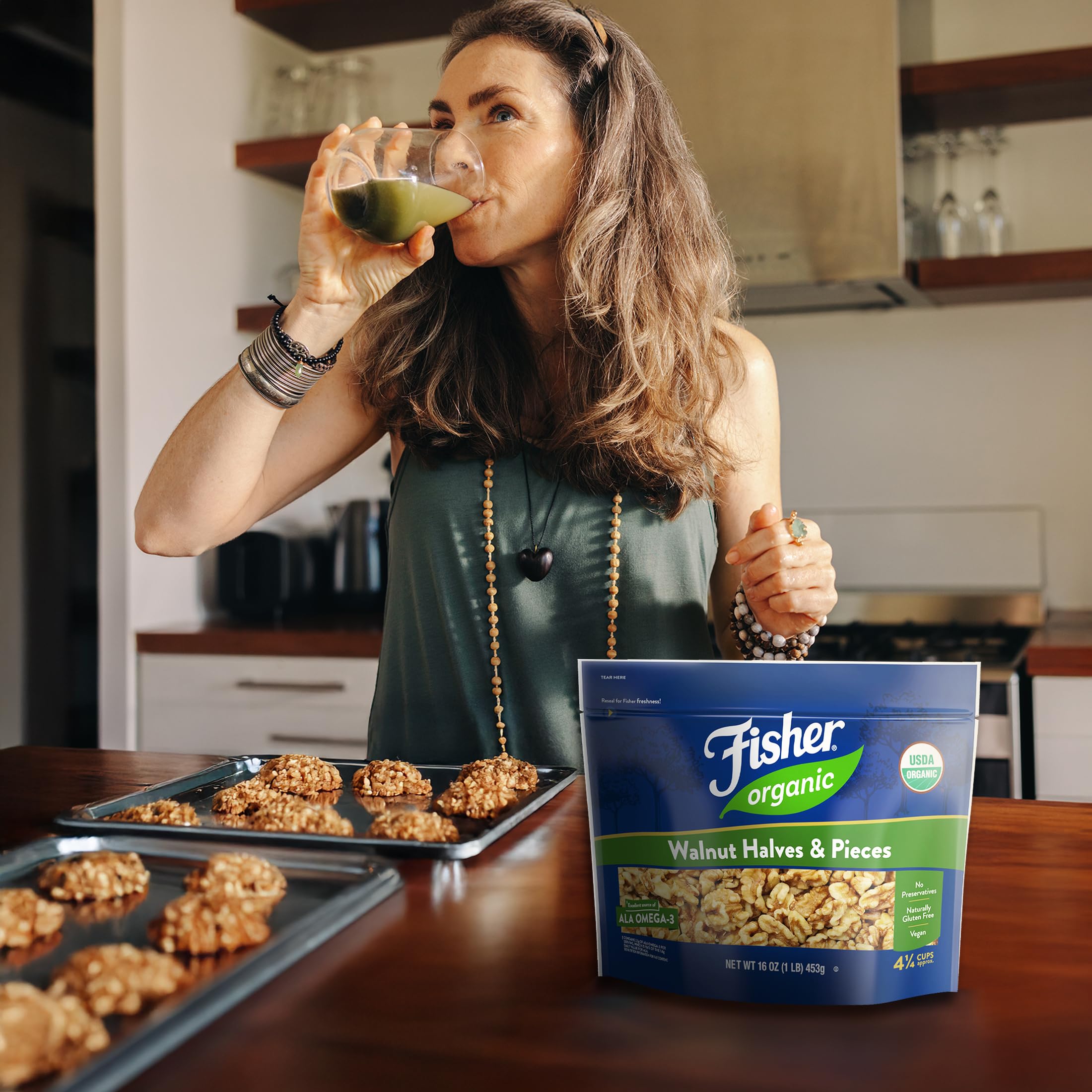 FISHER etiqueta USDA Organic visible garantizando cultivo sin químicos