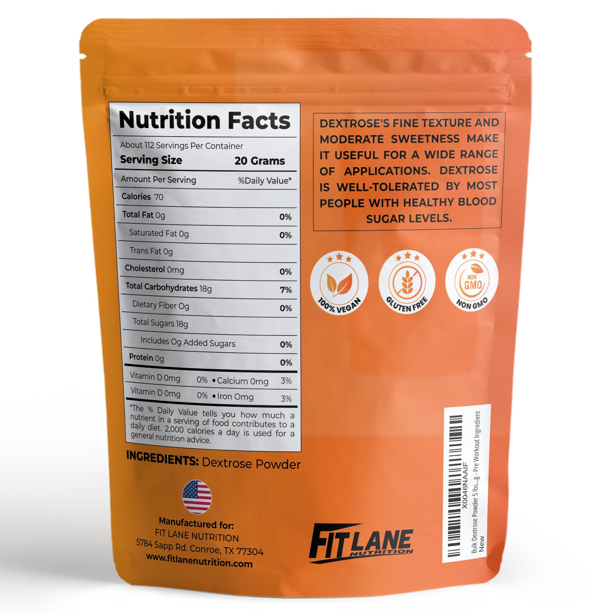 Fit Lane Nutrition bolsa de 5 lb junto a una regla para mostrar la escala y cantidad