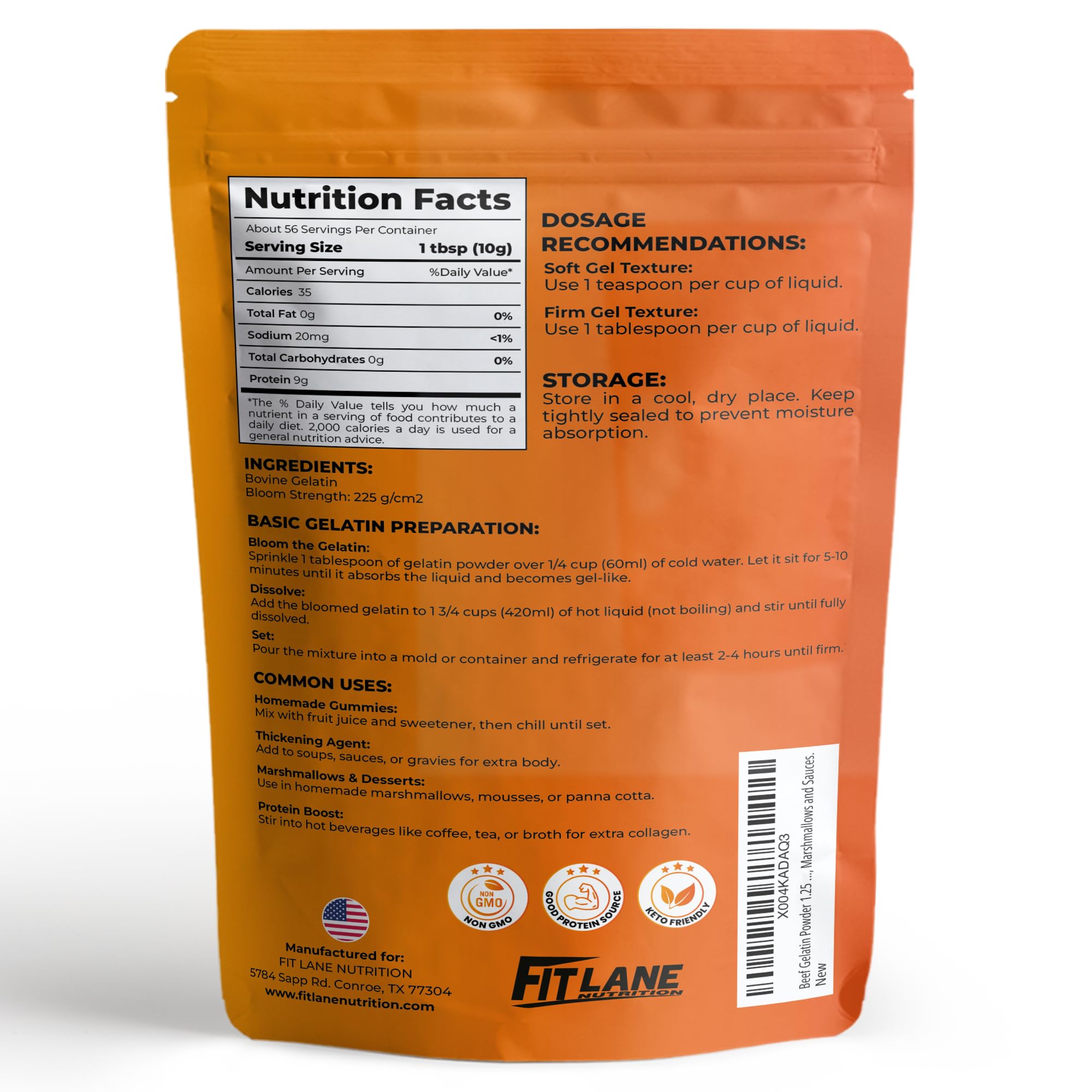 Fit Lane Nutrition etiqueta con información y bloom 225 para confianza