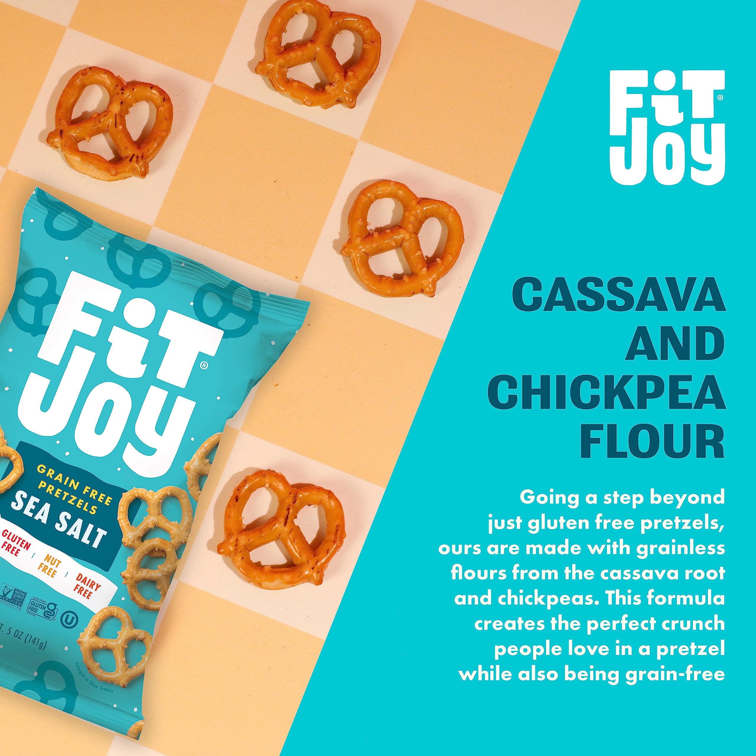 FitJoy pretzels en mesa de fiesta mostrando apto para compartir