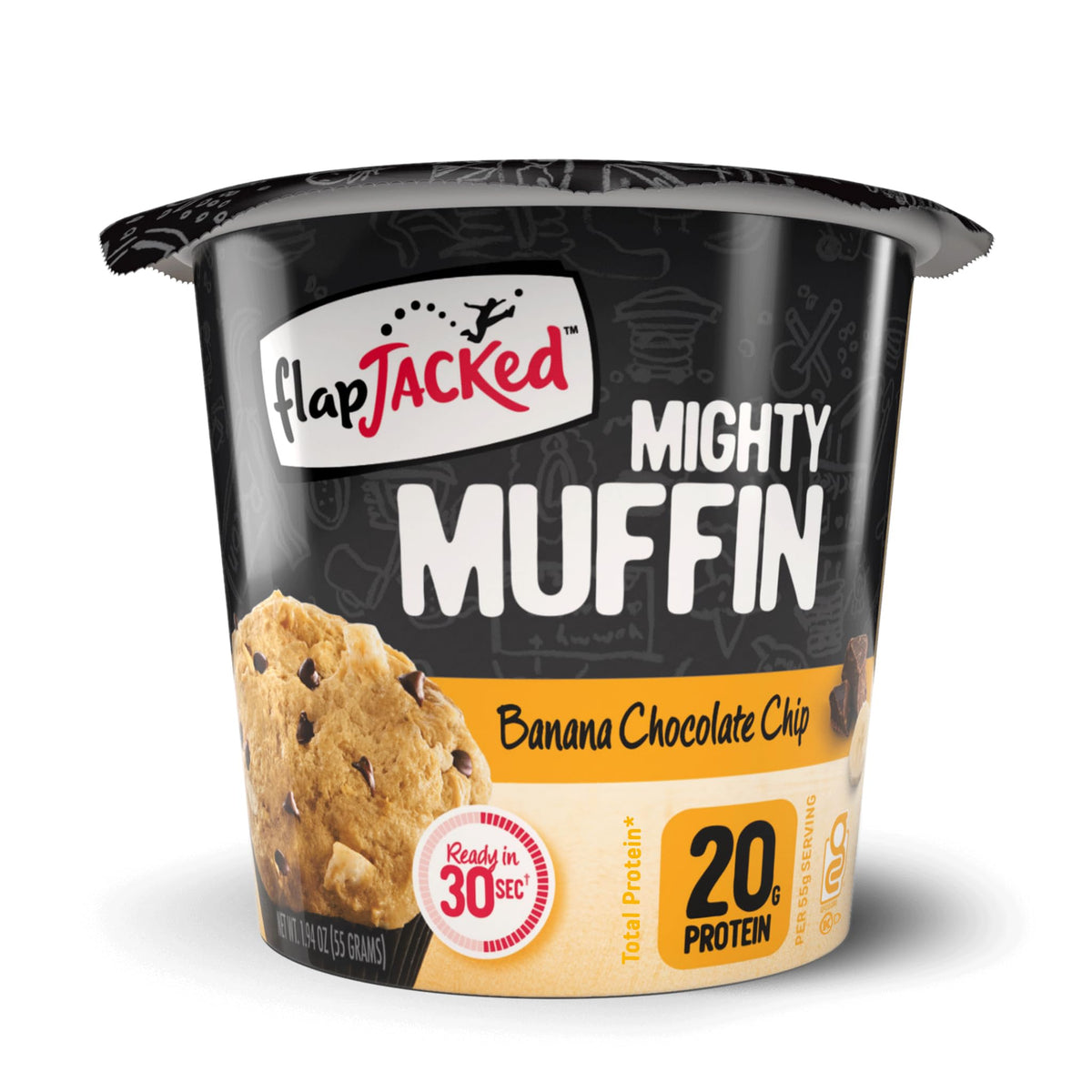 FlapJacked muffin empaque frontal mostrando etiqueta y beneficios