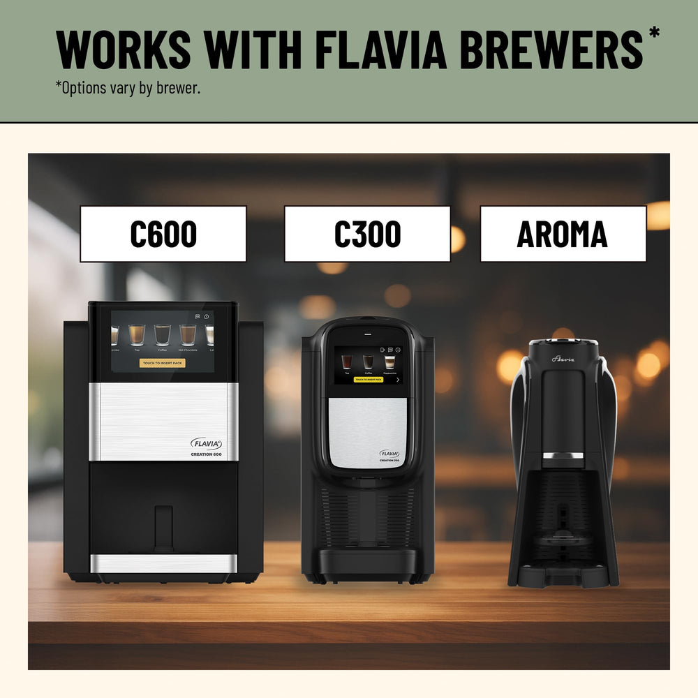 Freshpack siendo insertado en cafetera Flavia, preparación limpia y sin transferencia