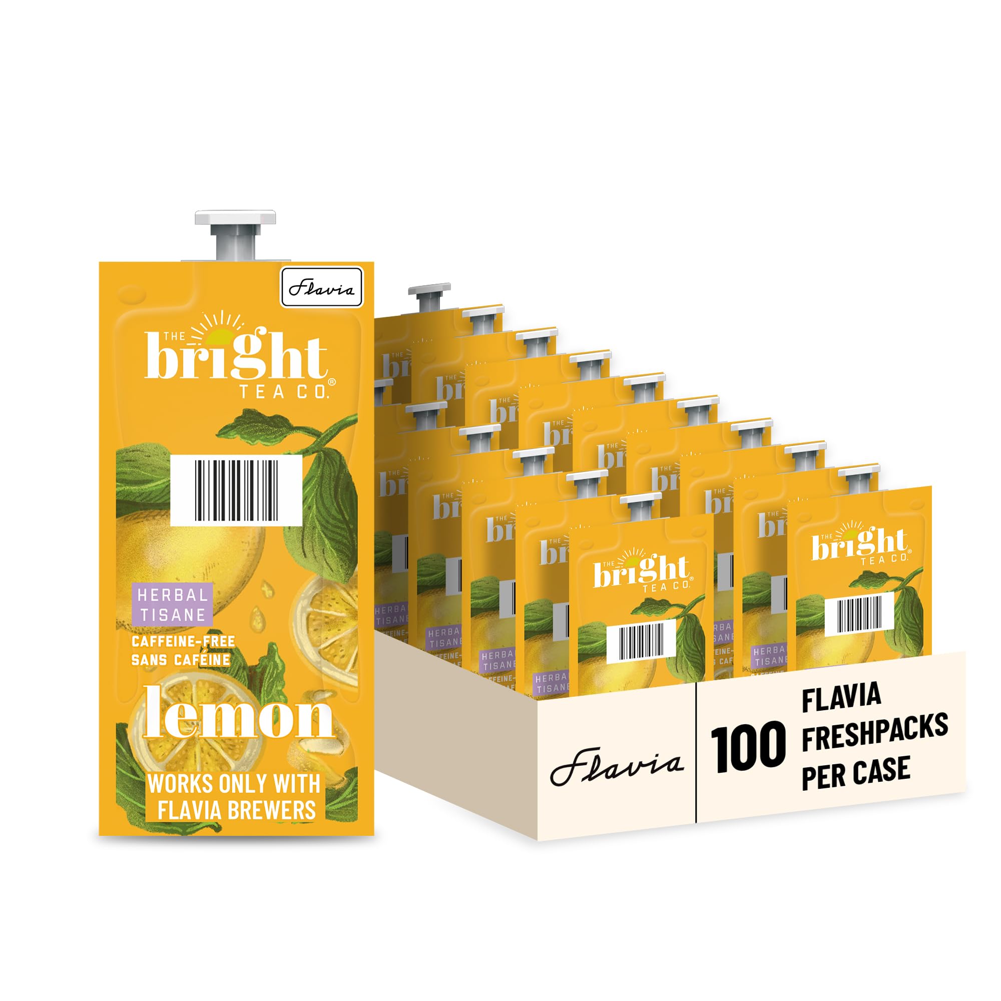 Flavia caja de Bright Tea Co. Lemon Herbal Tea mostrando empaque y cantidad