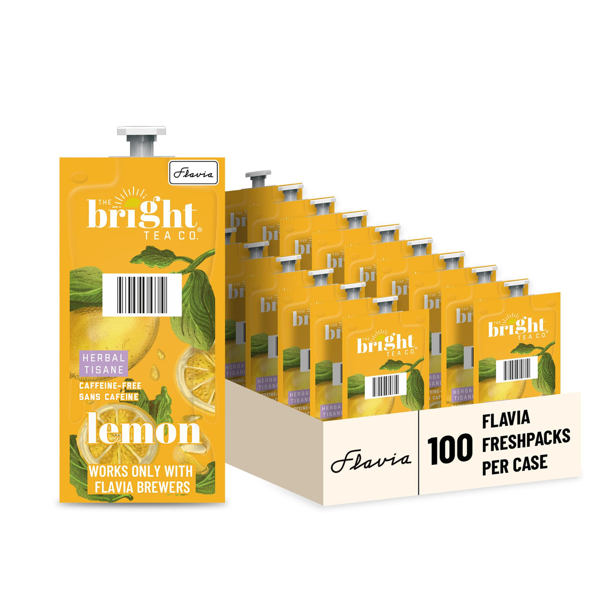 Flavia caja de Bright Tea Co. Lemon Herbal Tea mostrando empaque y cantidad