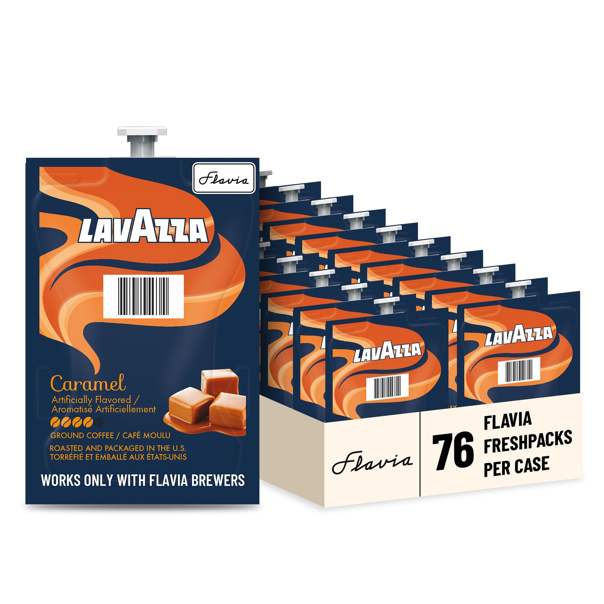 Flavia Lavazza caja frontal mostrando 76 Freshpacks, conveniencia inmediata
