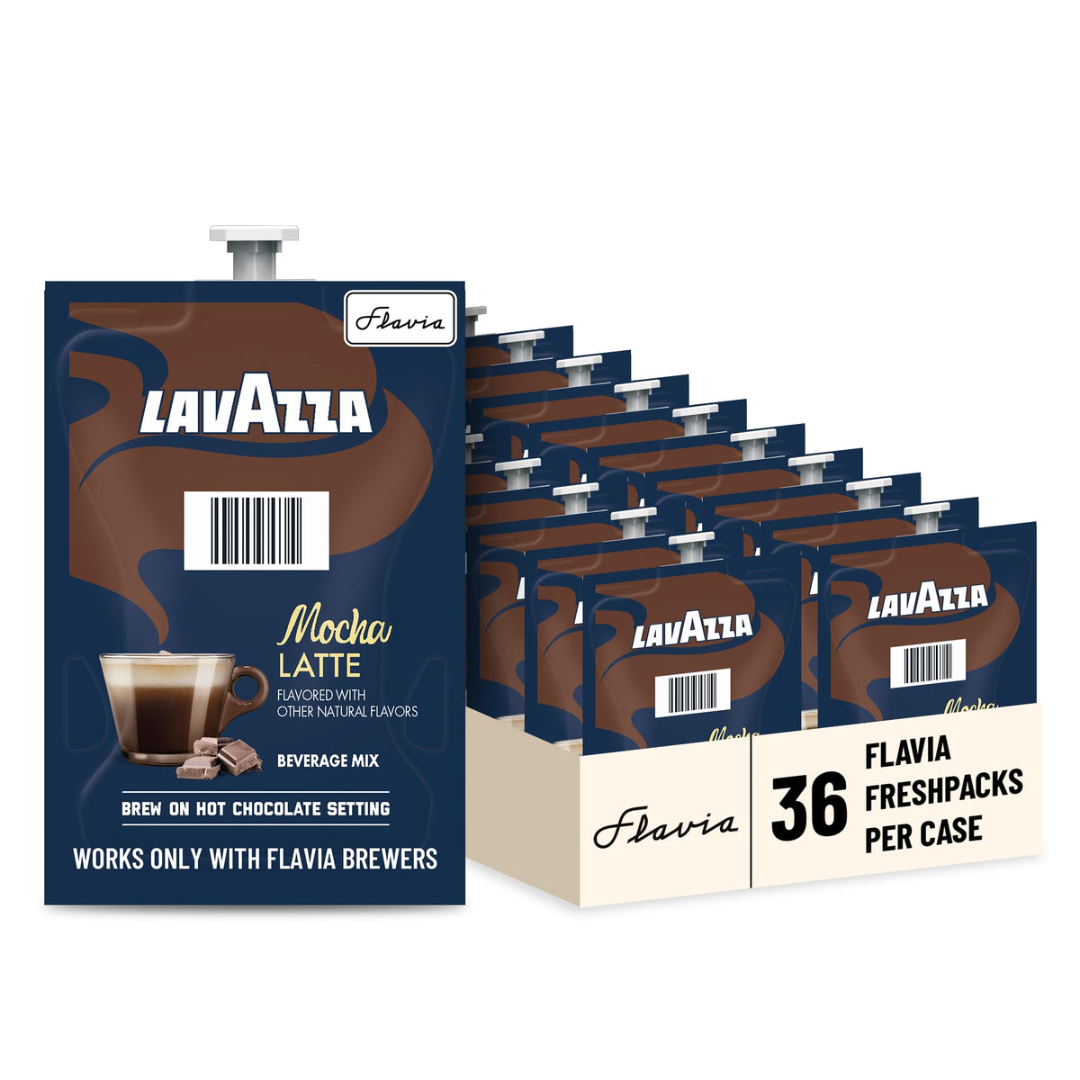 Flavia Lavazza empaque frontal mostrando 36 Freshpacks y conveniencia