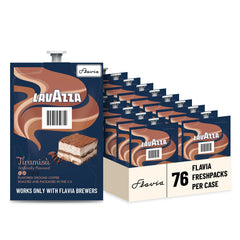 Flavia Lavazza frente del paquete mostrando 76 Freshpacks y conveniencia