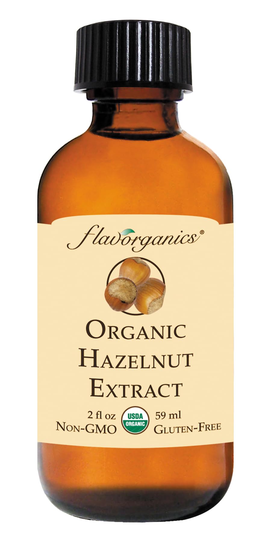 Flavorganics envase frontal de extracto de avellana mostrando etiqueta clara y orgánica