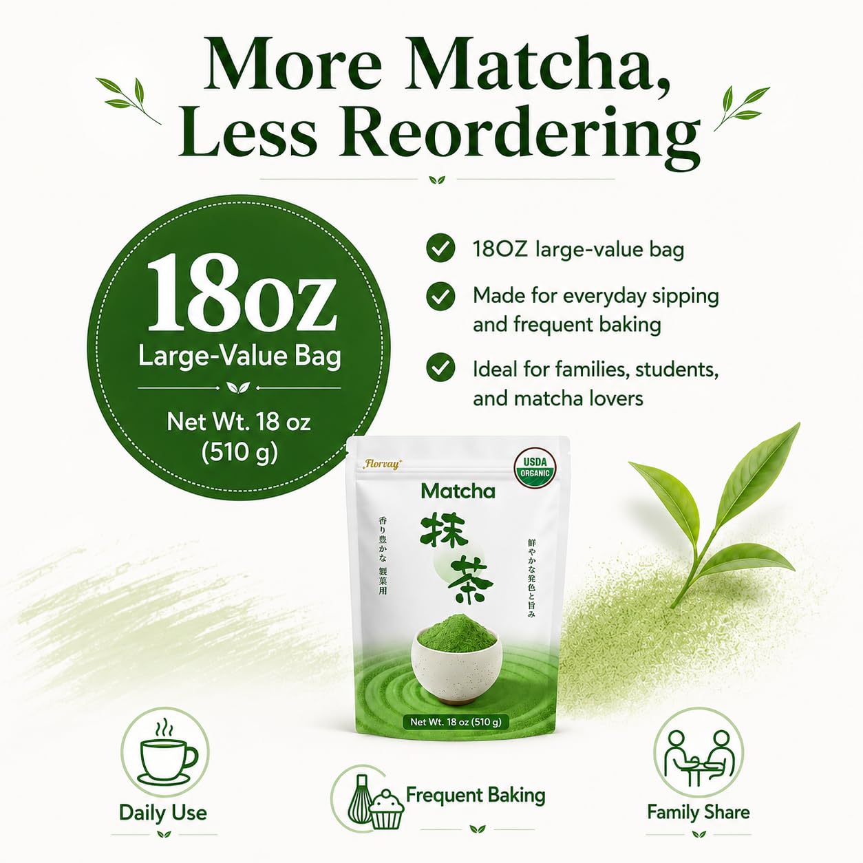 Florvay cucharada medidora con matcha, rendimiento por porción claro