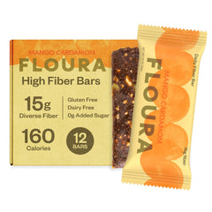 Floura empaque frontal de la barrita mostrando marca y sabor mango cardamomo y beneficio práctico
