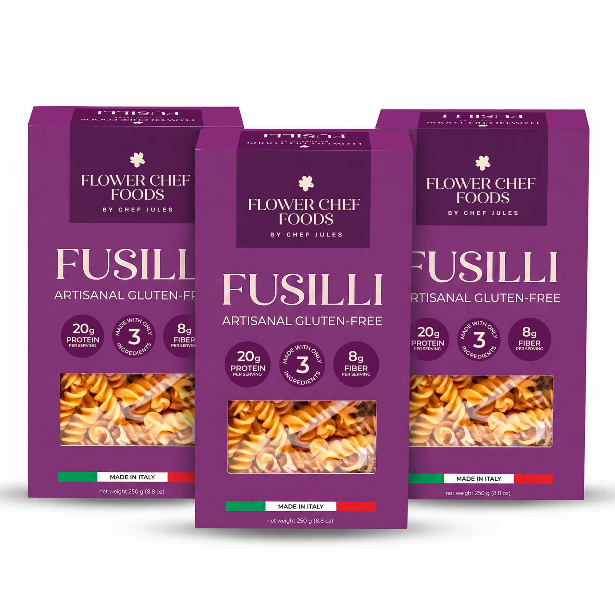 Flower Chef Foods paquete frontal mostrando fusilli sin gluten y beneficios nutritivos