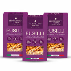 Flower Chef Foods paquete frontal mostrando fusilli sin gluten y beneficios nutritivos