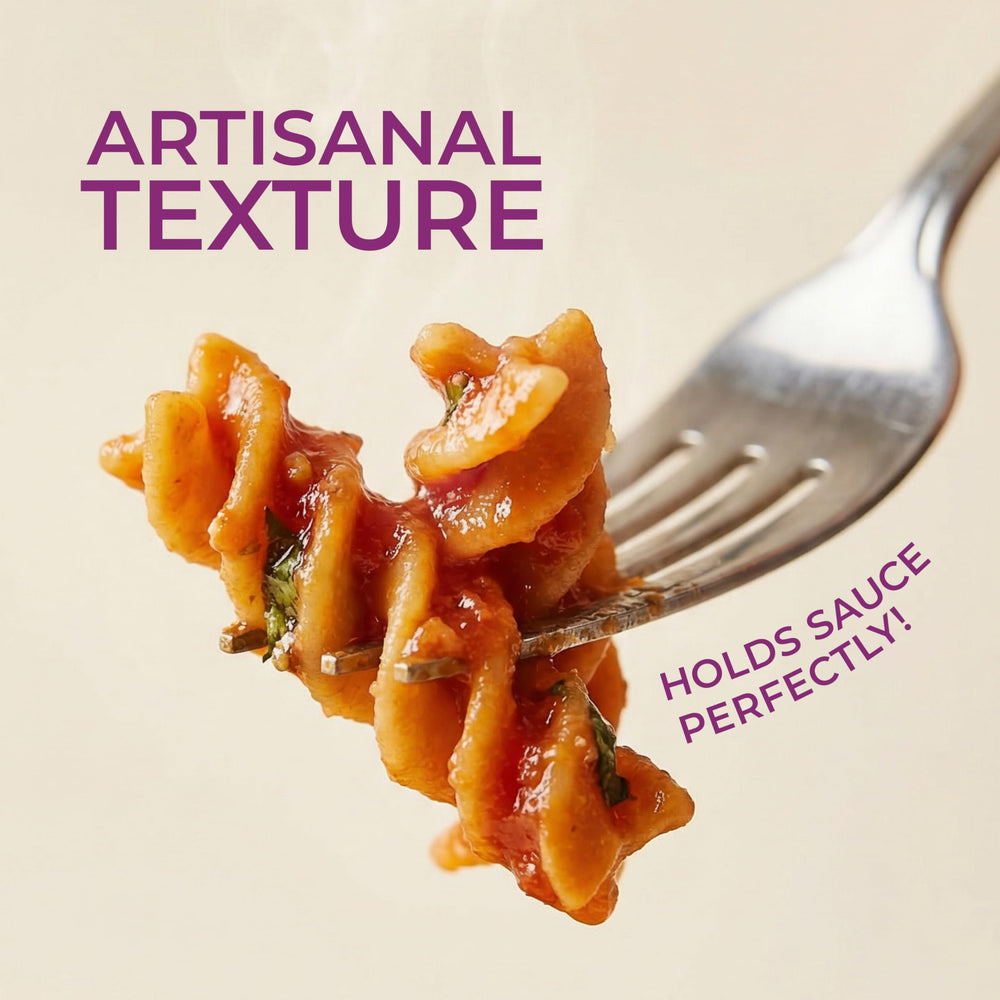 Flower Chef Foods detalle de espiral fusilli resaltando textura firme y absorción de salsa