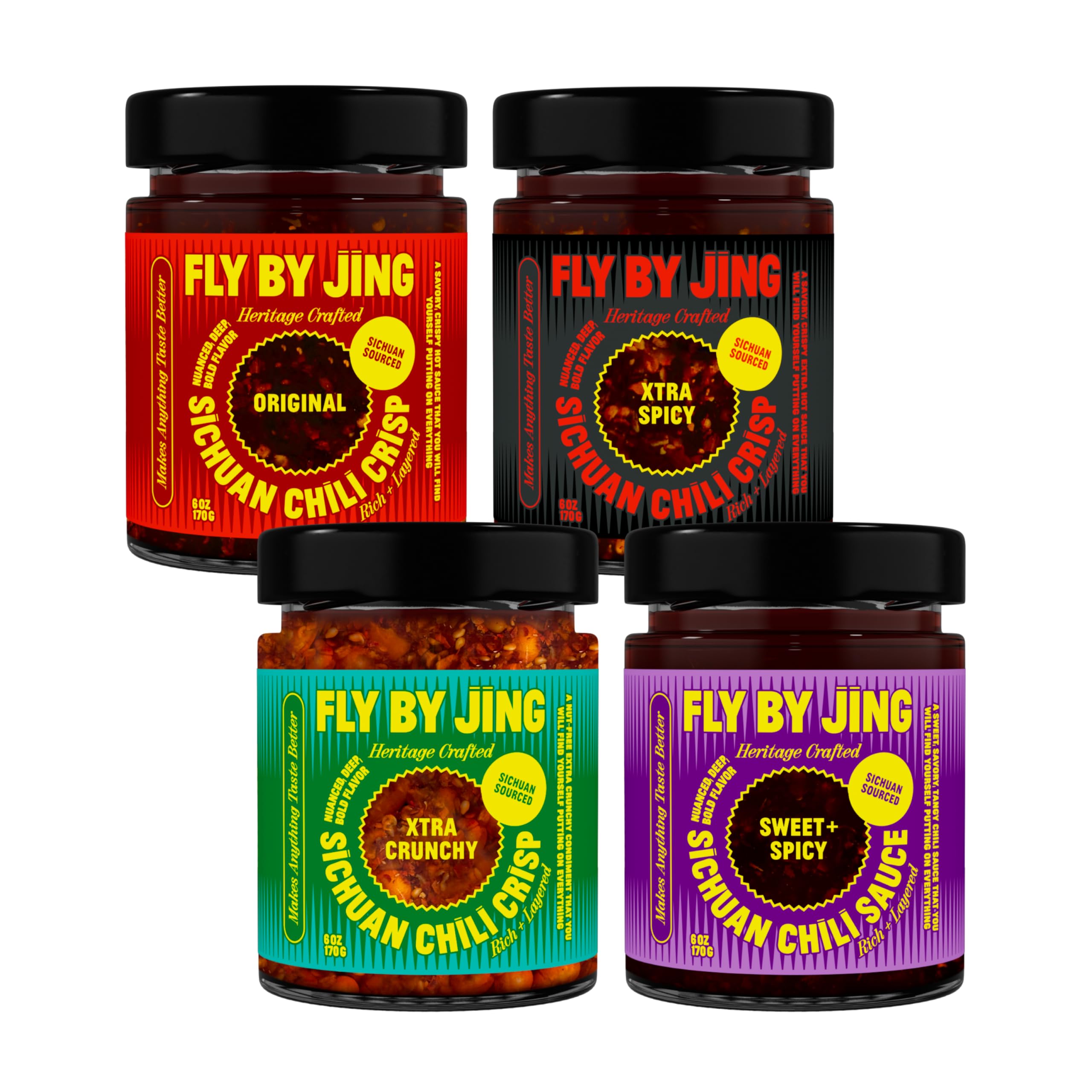 FLYBYJING packaging frontal mostrando las cuatro salsas para cocinar con facilidad