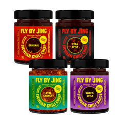FLYBYJING packaging frontal mostrando las cuatro salsas para cocinar con facilidad
