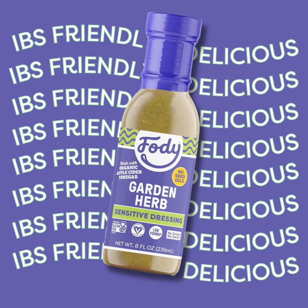 Fody aderezo Garden Herb etiqueta con ingredientes limpios y certificación low FODMAP