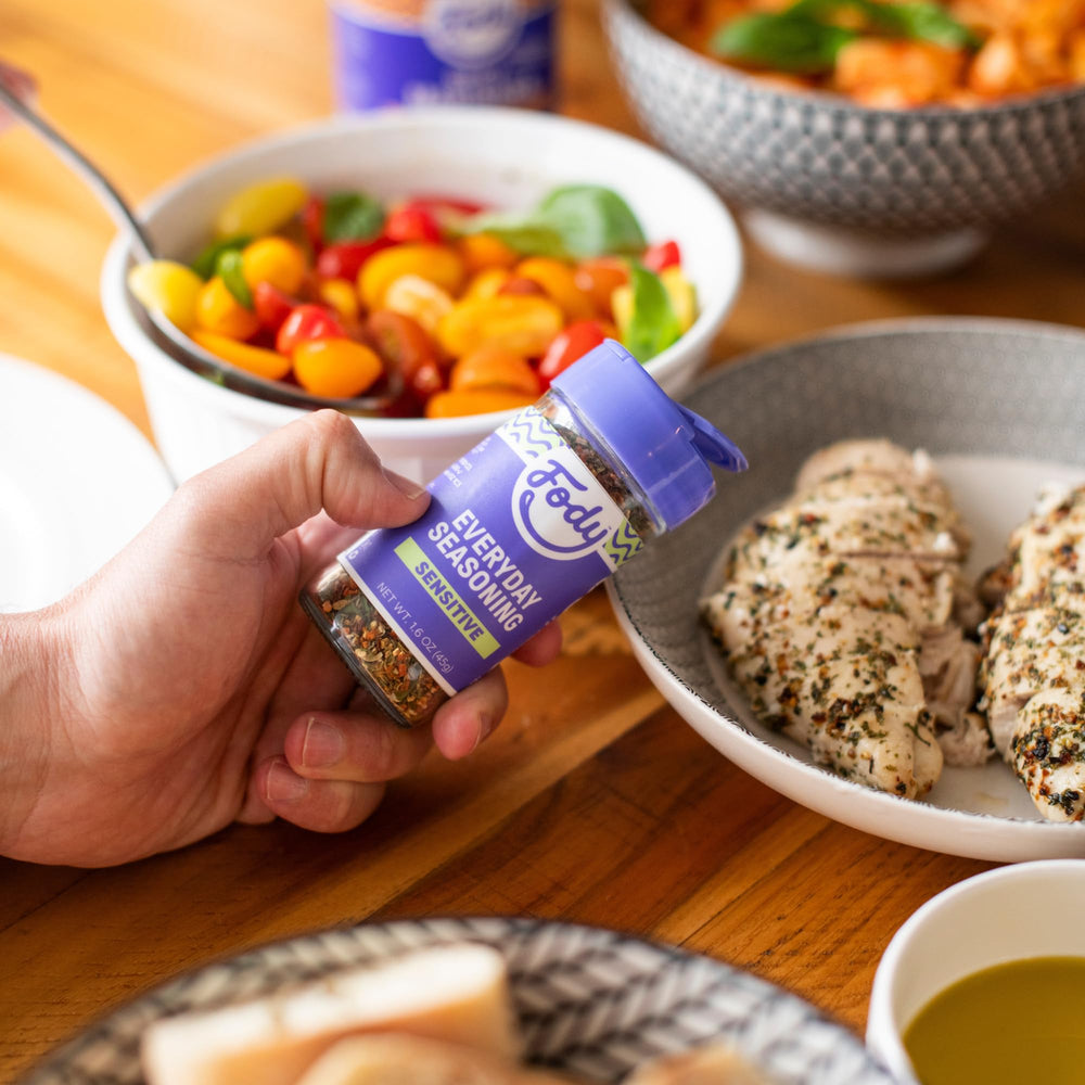Fody etiqueta con lista de ingredientes baja en FODMAP y beneficios
