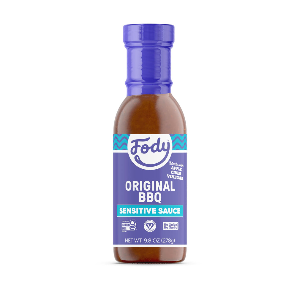 Fody Original BBQ Sauce frasco frontal mostrando etiqueta y tamaño útil para cocinar